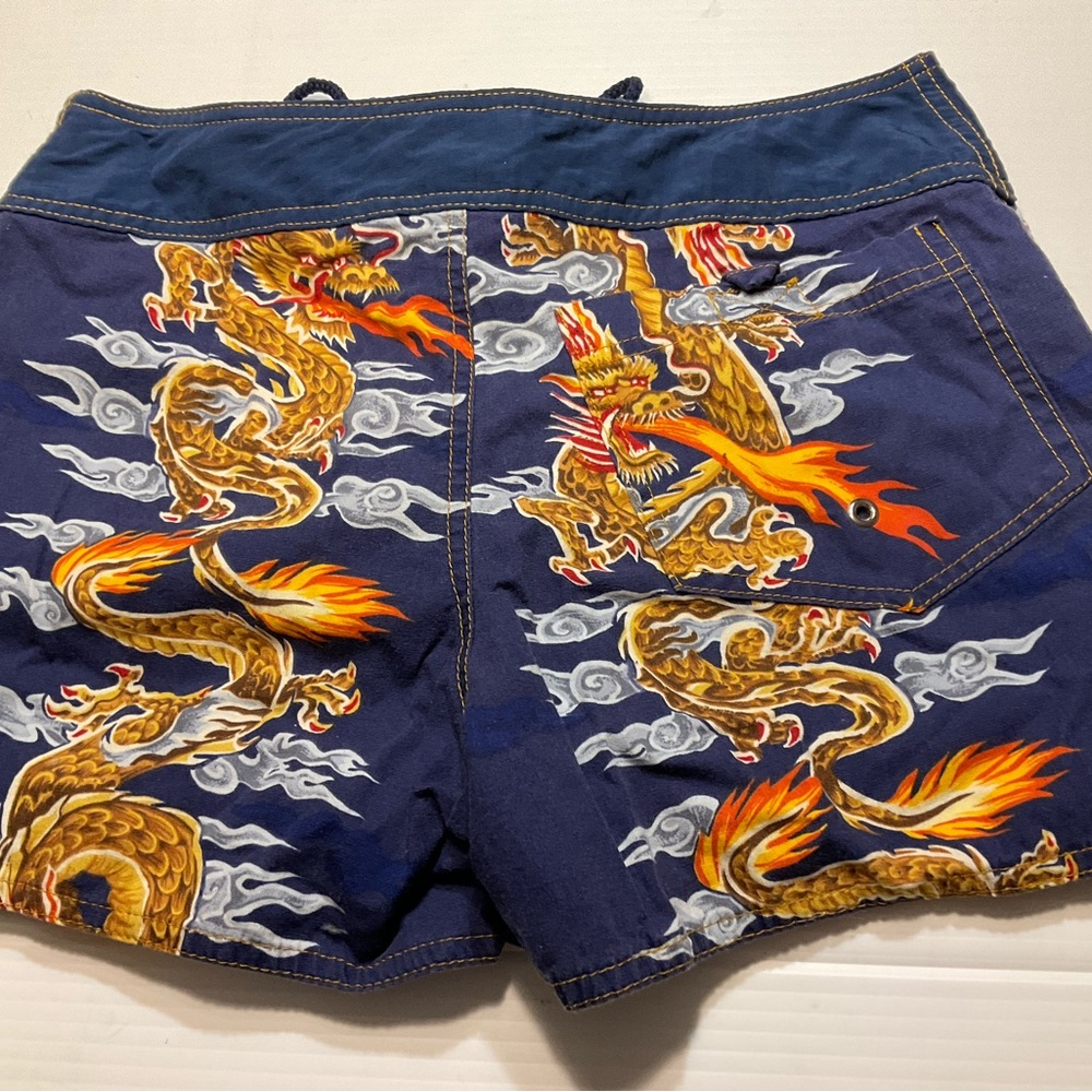 Y2K Board Shorts Women/Junior Sz 5 Blue Orange Hawaiian Print Floral Dragon Dish - Picture 9 of 9